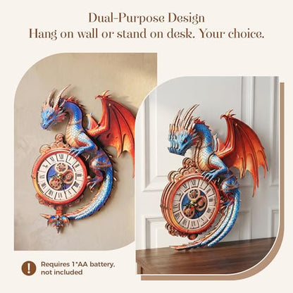 3D Wooden Puzzle Clock - Mythical Dragon Design, DIY Mechanical Pendulum Wall Clock, Collectible Artwork & Unique Gift for Fantasy Lovers - color: Deep Blue