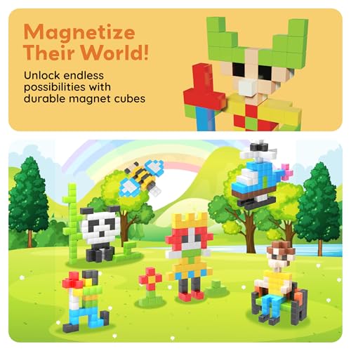 PicassoTiles 102pcs Pixel Magnetic Puzzle Cube 1” Pixel Mix & Match Toys with Ideabook STEM Education Learning Building Block Magnets Construction ToySet Stacking Creative Kit for Kids Age 3+ PMC102 - style: 102pc