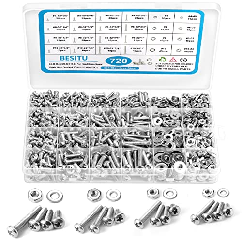 720Pcs Machine Screw Assortment Kit, #10-24#8-32#6-32#4-40 Phillips Pan Head Assorted Nuts Bolts and Flat Washers Kit, Stainless Steel Screws Hardware Assortment with Case - color: Silver-Phillips Pan Head