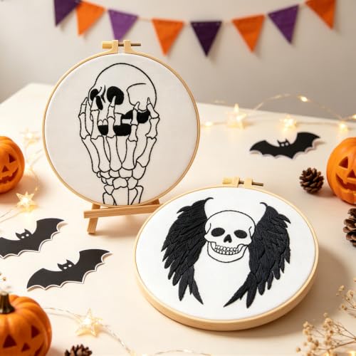 Skull Halloween Embroidery Kits for Beginners Adults, Gothic Embroidery Sets Needlepoint Kits, Halloween Stamped Cross Stitch Kits for Beginners Adults, 2 Embroidery Hoops (Attached Video Tutorial) - color: Halloween-1, size: 8inch