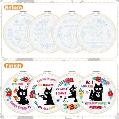 Rivvlive 4 Sets Cat Embroidery Kit with Hoop, Needlepoint Crafts Set - style: Cat
