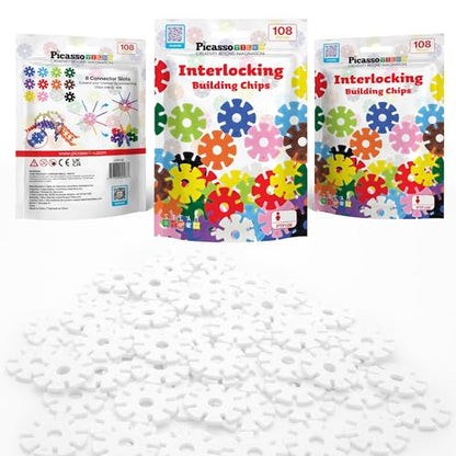 PicassoTiles Building Chip Interlocking Disc Construction Blocks in White Color STEM Learning Early Education Toy Engineering Playset Child Brain Development for Toddlers Girls Boys Kids Age 3+ PTF108 - color: Wht