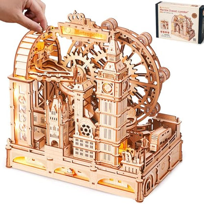 ROBOTIME Wooden Town Marble Run - 3D Wooden Puzzles for Adults EGB01 Night City Marble Run Kit - Wooden Puzzle Models for Adults to Build - Space/STEM/Engineering Gift