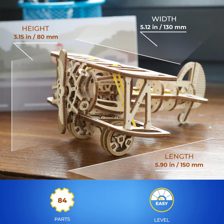 UGEARS Mini-Biplane, 3D Puzzle, 3.15-inch Height, Wooden Model Kits for Adults, DIY Craft Kit, Mechanical 3D Puzzle, for Aviation Enthusiasts and Puzzle Lovers