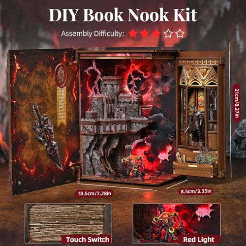 MiniCity Sword of Fire Book Nook Kit, 3D Wooden Bookshelf Puzzle with LED - color: The Sword of Fire