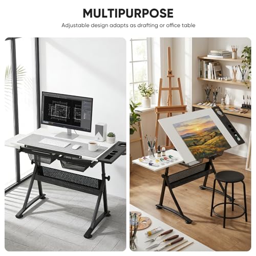 Magshion Drafting Table for Adults w/Stool, White - color: White & Black