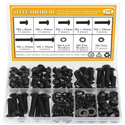 172 Pieces M6 Screws Nuts Washers Set Black, Sutemribor M6 x 8/10/12/16/20/25/30mm Button Head Socket Cap Screws Nuts Washers Assortment Kit, 10.9 Grade Alloy Steel, Fully Threaded - size: M6 Screws Kit, style: Button Head