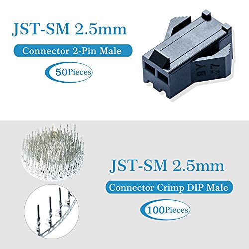 CQRobot JST SM 2.5 mm Pitch 2-Pin Electronic Connector IC Male Plugs, Female Sockets Housing and Male/Female T-Shaped Crimp Terminal Kit. 50 Sets/300 Pieces Wire-Wire Adapter Cable Assembly. - size: 2P, style: SM-N