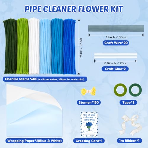 Anyeve Pipe Cleaners Flower Kit, 600 PCS Pipe Cleaners Craft for 6 Color, Easy to Bend and Fold, with a High Plush Density, Has Hot Melt Glue,Sturdy and Durable, for DIY Crafts and Bouquet Making - color: 600PCS-Blue