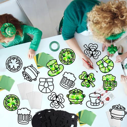 Qyeahkj 36 Set St. Patrick's Day Suncatchers Crafts for DIY Shamrock Window Tissue Paper Craft Kit Hanging Decor for St. Patrick's Day Home Activity Art Project Birthday Party Favor - style: Lucky Shamrock