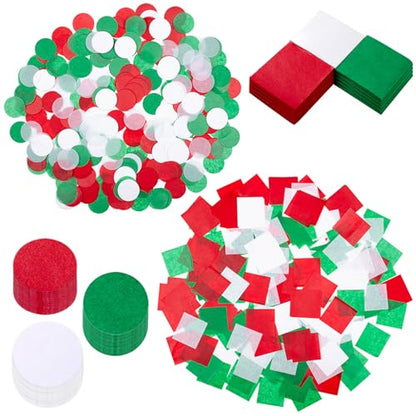 3000 Pcs Christmas Red Green White Tissue Paper Squares 1.2" Tissue Paper Confettis Round Circle 1" for Kids DIY New Year Holiday Tree Ornaments Wreaths Cone Scrapbooking Decors
