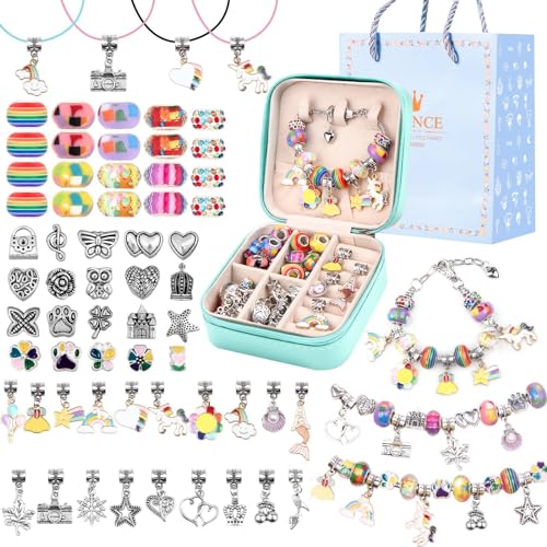 UFU Charm Bracelet Making Kit, Jewelry Making Kit Craft Gift for Girls 5 6 7 8-12, A Sweet Birthday Gift to Inspire Imagination & Creativity, with Portable Jewelry Box - color: F-Rainbow-2