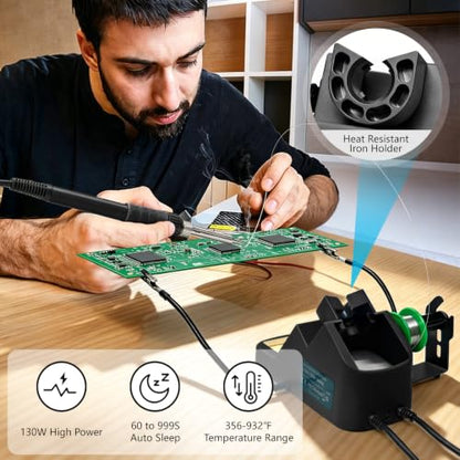 Soldering Station, 130W Digital Display Soldering Iron Station Kit with 2 Helping Hands, 356°F-932°F, Auto Sleep, Solder Wire, 5 Tips, Solder Sucker, Sponge, Tweezers, Tip Cleaner, Black