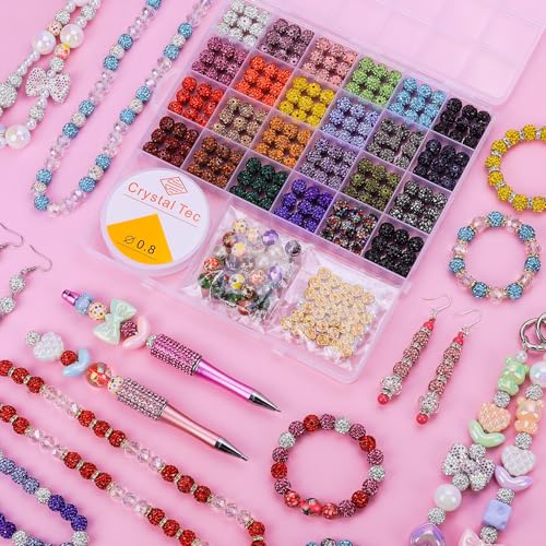 AIPRIDY Jewelry Making Beads Set, 590 PCS 10mm Round Mixed Color Rhinestone Clay Beads with Pearl and Floral Beads for DIY Bracelets, Necklaces(Fixed Mixed) - color: Fixed mixed
