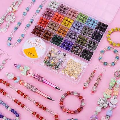 AIPRIDY Jewelry Making Beads Set, 590 PCS 10mm Round Mixed Color Rhinestone Clay Beads with Pearl and Floral Beads for DIY Bracelets, Necklaces(Fixed Mixed) - color: Fixed mixed