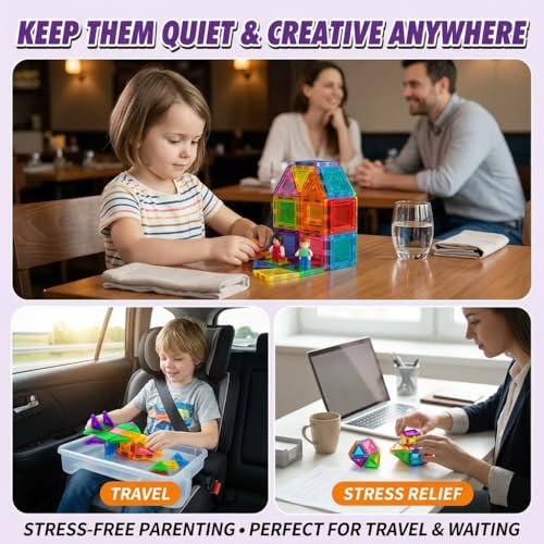 56Pcs Mini Magnet Building Blocks, STEM Educational Construction Toys for Boys Girls Age 3 4 5 6, Toddler Magnetic Tiles for Travel & Airplane Activities, Montessori Sensory Learning Toys Gift Set