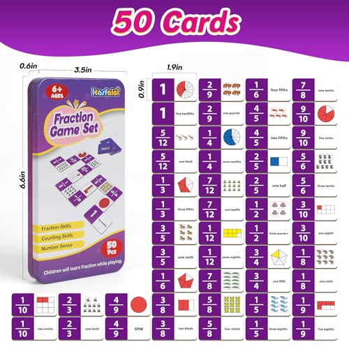 Kasfalci Fraction Dominoes Set,Math Games for Kids,Math Manipulatives,Counting Toys,Learning Games,Preschool Learning Activities,Homeschool Supplies,Kindergarten Classroom Must Haves,1st 2nd 3rd Grade - color: Purple