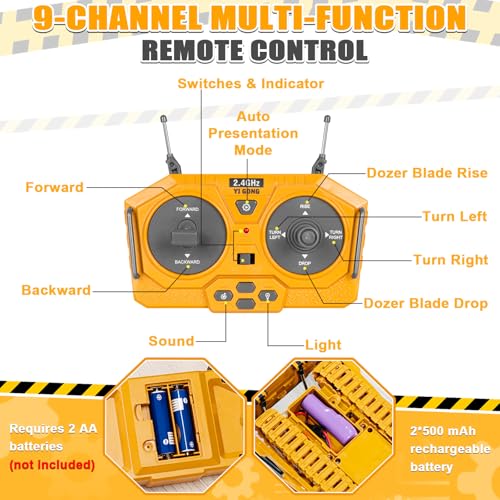 Remote Controlled Bulldozer, 9-Channel Metal RC Construction Vehicle Toy with Lights, Sound, and Rechargeable Battery, Remote Controlled Bulldozer Toy Gift for Kids Boys Girls Aged 4-12 (2.4 GHz) - style: Remote Controlled Bulldozer