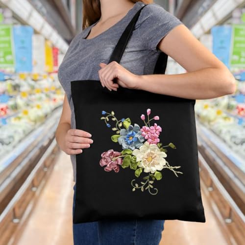 Canvas Tote Bag Silk Ribbon Embroidery Kit for Beginners Arts DIY Crafts Starter Kit Include Stamped Bag Threads Hoop - color: Color #1, Black Bag