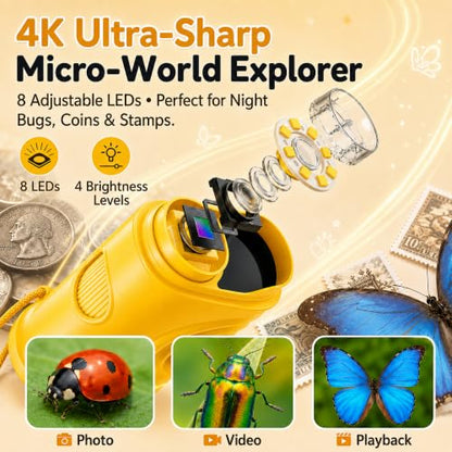 Kids Microscope, 4K 1000X Zoom, 2.4" Screen, STEM Toy for Ages 4-8 - color: Yellow