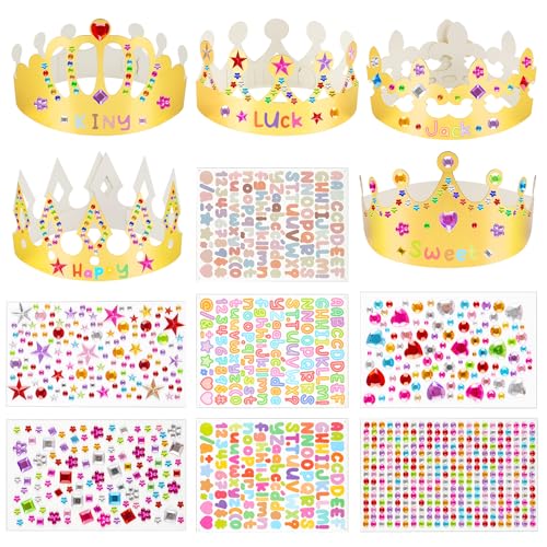 Gold Paper Crowns, 15 Pcs DIY Birthday Party Crowns with Gem Stickers