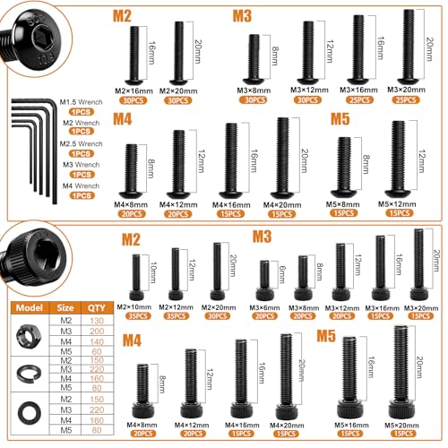 mankk 2285PCS Metric Screws Assortment Kit M2 M3 M4 M5 Hex Socket Head & Button Head Bolts Kit 12.9 & 10.9 Grade Black Alloy Steel 25 Sizes Machine Screw for 3D Printer DIY - size: M2/M3/M4/M5, style: Button&Hex Socket Cap