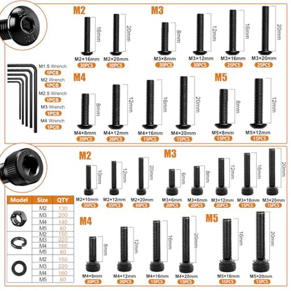 mankk 2285PCS Metric Screws Assortment Kit M2 M3 M4 M5 Hex Socket Head & Button Head Bolts Kit 12.9 & 10.9 Grade Black Alloy Steel 25 Sizes Machine Screw for 3D Printer DIY - size: M2/M3/M4/M5, style: Button&Hex Socket Cap