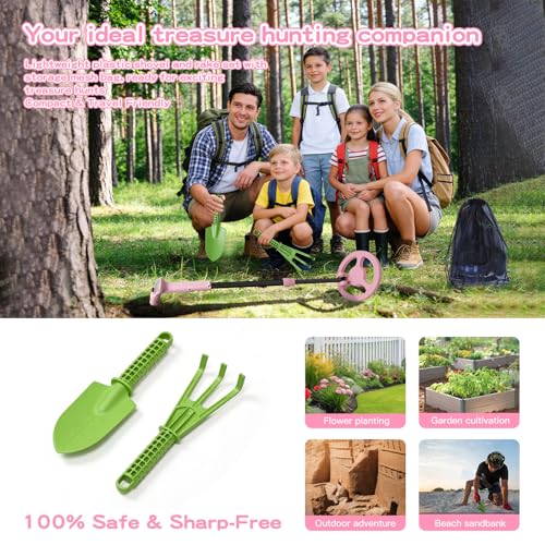 Metal Detector for Kids,0.88lbs with Shovel Rake Mesh Bag Kit,Pink