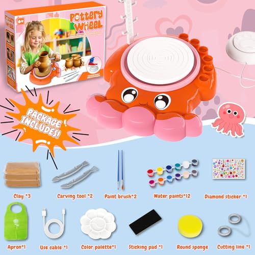 Innofans Pottery Wheel for Kids - Complete Pottery Tools Kit for Beginners, Arts and Crafts for Kids Ages 8-12 with 3 Pack Air Dry Clay, Mini Clay Making Pottery Wheel with Foot Pedal (Octopus) - color: Pink