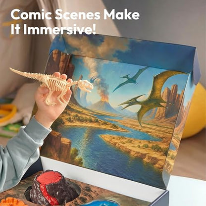 JOVA Klever Kits 3-in-1 Dinosaur Fossil Digging Kit STEM Learning Toys with Glow in The Dark Dinosaurs and Sensory Play Sand, DIY Your Own Dinosaur with 5 Color Clay, Gift for Kids Aged 6+