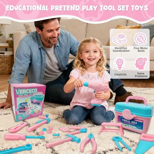 Kids Tool Set Kids Tool Box Kit Construction Toys - color: Pink