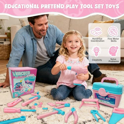 Kids Tool Set Kids Tool Box Kit Construction Toys - color: Pink