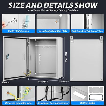 Steel Electrical Junction Box, 20 x 16 x 8 Waterproof & Dustproof Electrical Enclosure, Outdoor & Indoor Universal Project Box with Lock & Mounting Plate - size: 20 x 16 x 8"