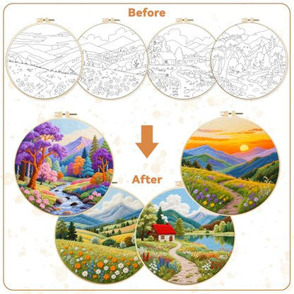 BEUNITONE 4 Set Fairy Tale Landscape Embroidery Kit for Beginners 7.9"x7.9" Pre-Stamped Pattern Needlepoint Kits with Hoop, Tools & Instruction, Handamde Embroidery Kits for Fabric and Home Decor - style: C-Natural Scenery