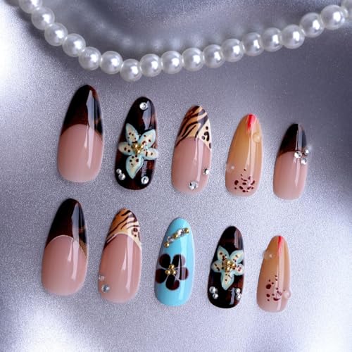 Almond Press on Nails Long Colorful Fake Nailwith 3D Flowers Designs Acrylic Nail Press ons Sparkly Rhinestones Stick on Nails for Women 24pcs - color: Color02