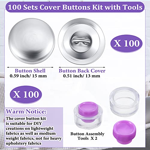 100 Sets Cover Buttons Kit with Tools Size Buttons to Cover Self Cover Buttons with Wire Backs DIY Fabric Cloth Cover Buttons (Size 24/0.59 Inch) - size: Size 24 / 0.59 Inch