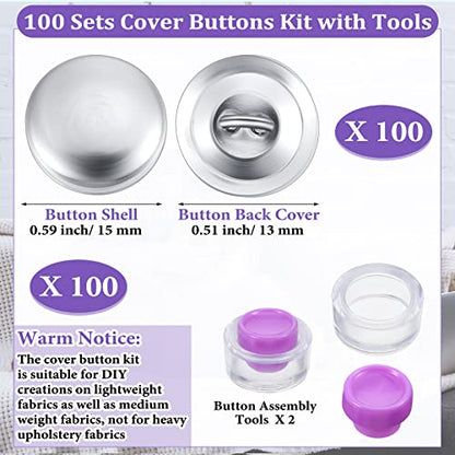 100 Sets Cover Buttons Kit with Tools Size Buttons to Cover Self Cover Buttons with Wire Backs DIY Fabric Cloth Cover Buttons (Size 24/0.59 Inch) - size: Size 24 / 0.59 Inch