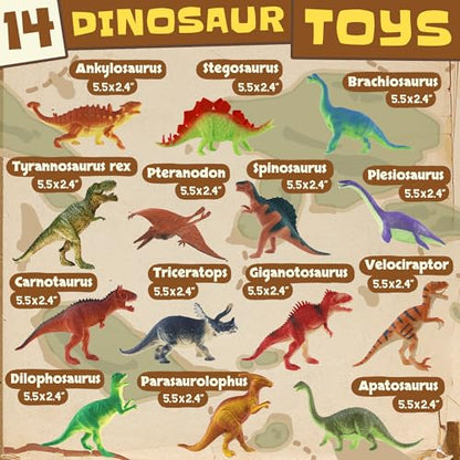 Zippytots Dinosaur Toys for Kids 3-5-7-14 Realistic Plastic Dinosaur Figures with Metal Storage Box & Learning Booklet - Educational Dino Figure Toys for Boys Girls Toddlers - style: 14pc-Medium-MetalBox