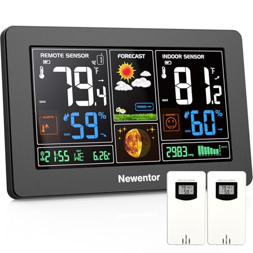 Newentor Weather Station Wireless Indoor Outdoor Thermometer, Black,2Sensor - color: Black, size: with 2 sensor