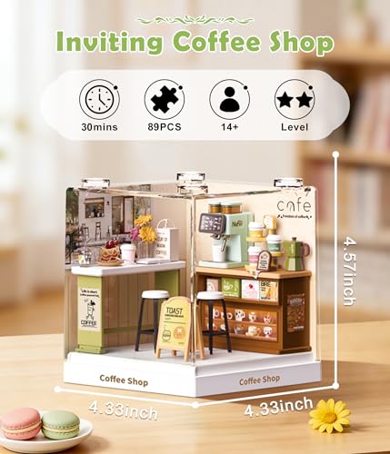 Coffee Shop Miniature House Kit, Plastic DIY Dollhouse with Coffee Machine & Pastry Display, Stackable Transparent Dust Cover, Creative Desktop Decor for Adults Teens - color: Coffee Shop, size: Small