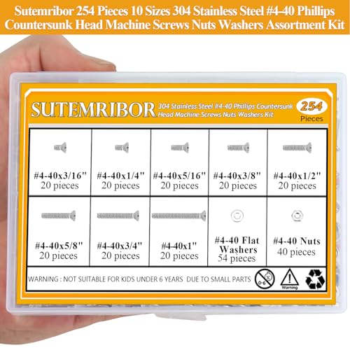 254 Pieces #4-40 x 3/16", 1/4", 5/16", 3/8", 1/2", 5/8", 3/4", 1", Phillips Countersunk Head Machine Screws Nuts Washers Assortment Kit - size: #4-40, style: Phillips Countersunk Head