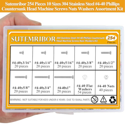 254 Pieces #4-40 x 3/16", 1/4", 5/16", 3/8", 1/2", 5/8", 3/4", 1", Phillips Countersunk Head Machine Screws Nuts Washers Assortment Kit - size: #4-40, style: Phillips Countersunk Head