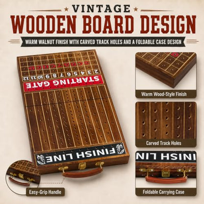Horse Race Board Game Foldable Solid Wood Horse Racing Game - color: Large Folding Box-burnt