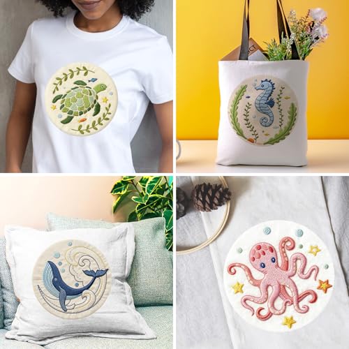 INFUNLY 4 Sets Embroidery Kit for Beginners with Sea Animals Pattern DIY Embroidery Kit for Adults Ocean Embroidery Art Kit Turtles/Seahorses/Octopuses/Whales Cross Stitch Kit with Embroidery Hoops - color: Sea Animal Kits