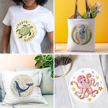 INFUNLY 4 Sets Embroidery Kit for Beginners with Sea Animals Pattern DIY Embroidery Kit for Adults Ocean Embroidery Art Kit Turtles/Seahorses/Octopuses/Whales Cross Stitch Kit with Embroidery Hoops - color: Sea Animal Kits