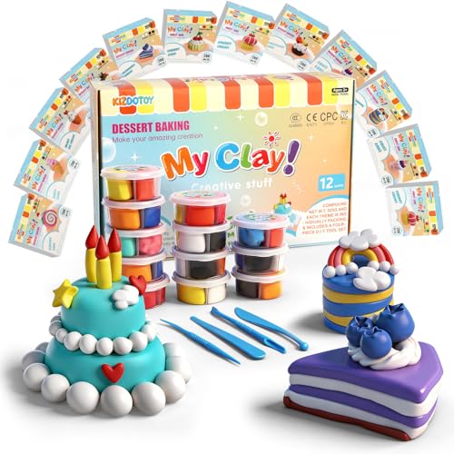 Dessert Clay Kit for Kids – 12 Sweet Treat Themes with Tools & Tutorials | Cupcake Macaron Cake DIY Set | Non-Sticky Modeling Clay | Classroom Party Gift Ages 3+ - color: 12 Boxes of Desserts