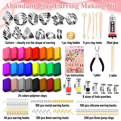 Polymer Clay Earring Making Kit- 30 Clay Earring Cutters, 24 Color Polymer Clay, 8 Circle Cutters, Rollers, B7000 Glue, 640 PCS Earrings Making Tools Accessories for Jewelry DIY (Instructions Include)