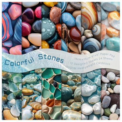 Scrapbook Paper, 24 Sheets 6"×6” 160gsm Single-Sided Patterned Cardstock - color: 24 sheets-colorful stones
