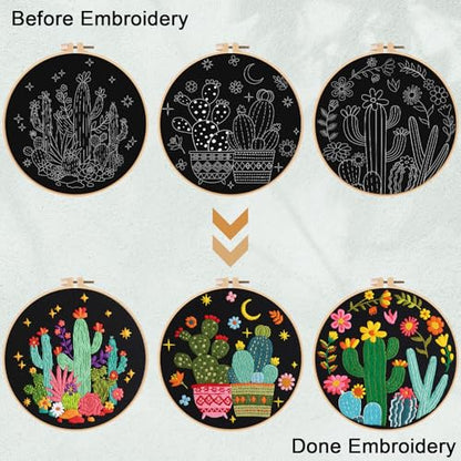 Nuberlic 3 Pack Embroidery Kit for Beginners with Cactus Pattern - color: Cactus
