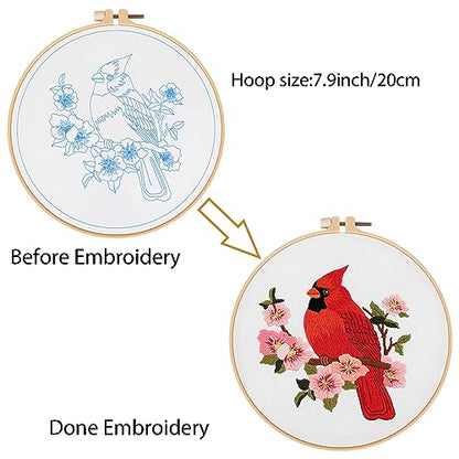 Louise Maelys Cardinal Embroidery Kits for Beginners with Flower Pattern - color: kit-23